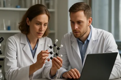 Két tudós kémiai szerkezeti modell vizsgálata laboratóriumban.