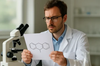 Kutató a transz-1,2-difeniletilén molekulaszerkezetével foglalkozik