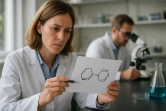 Kémikus transz-sztilbén képletet elemez laboratóriumi környezetben