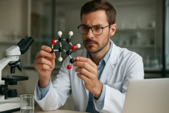 Kutató a transz-3,4,5-trihidroxisztilbén molekulát vizsgálja laboratóriumban