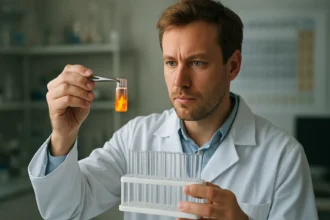 Kémikus kísérletezik transzurán elemekkel laboratóriumban.