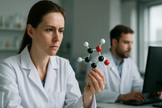 Triaceton-peroxid molekula szerkezetének elemzése laboratóriumban.