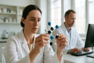 Kémikusok triammonium-citrát molekulát vizsgálnak laboratóriumban.