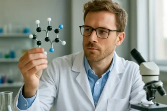 Vegyész a triazin molekulát vizsgálja laboratóriumban.