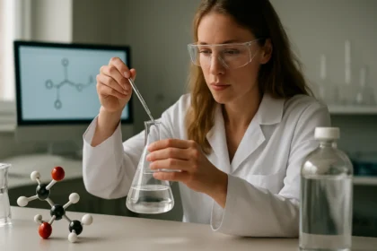 Kémikus trietil-citrát kísérletet végez a laborban