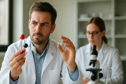 Két tudós laboratóriumban, miközben a triblock kopolimerek szerkezetén dolgoznak