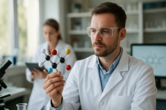 Kémikus a triflat-anion molekula modelljét vizsgálja.