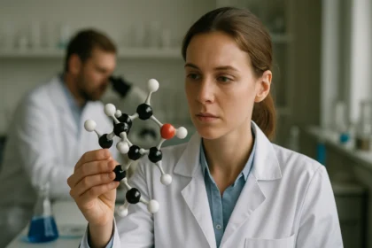 Laboratóriumi szakember a triflat molekula modelljét vizsgálja.