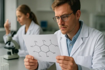 Kémikus terpének szerkezetét vizsgáló laboratóriumi jelenet