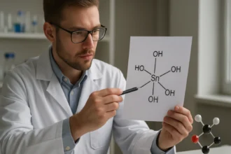 A trihidroxo-sztannátion kémiai képlete elmagyarázva laboratóriumban.