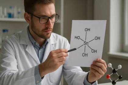 A trihidroxo-sztannátion kémiai képlete elmagyarázva laboratóriumban.