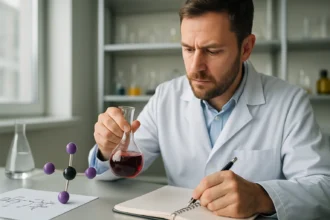 Laboratóriumi kísérlet trijódmetánnal és molekulamodellel.