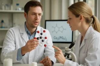 Két kutató dolgozik a trikálcium-foszfát molekuláris modelljén.