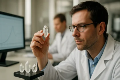 Kutató a triklin kristályokon dolgozik laboratóriumban.