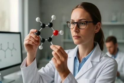 Női kutató triklór-acetaldehid molekulát vizsgál a laboratóriumban.