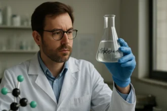 Laboratóriumi kutató triklór-amint vizsgál, kémiai vegyület.