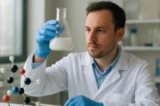 Kémikus laboratóriumban trimangán-tetraoxidot vizsgálva.