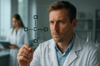 Kémikus a triklor-metán molekuláris képletét vizsgálja laboratóriumban.