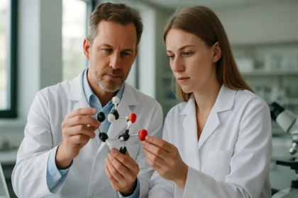 Kémikusok trimerizációs molekulák elemzése laboratóriumban