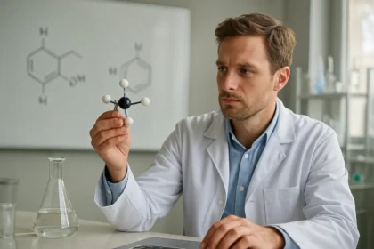 A férfi kémikus trimetil-benzol molekulát tart a kezében.