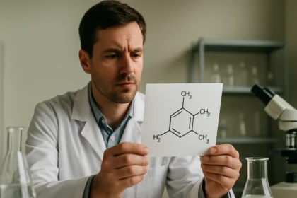 A 1,3,5-trimetil-benzol szerkezeti képlete laboratóriumi környezetben.