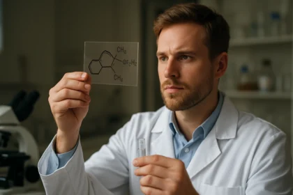 Kémikus tanulmányozza a trimetil-3-biciklo[2.2.1]heptanil-acetát kémiai képletét.