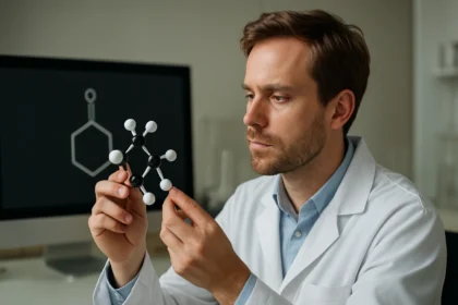 Kutató a Trimetilbiciklo[2.2.1]heptan-2-on molekuláját vizsgálja