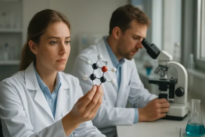 Két kutató a laborban, egy új molekulával és mikroszkóppal dolgoznak.