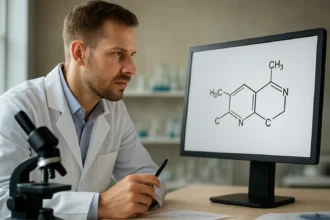 Kémikus a trimetil-xantin kémiai struktúráját tanulmányozza.