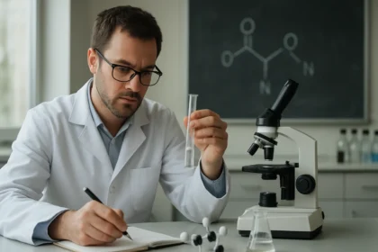 Kémikus laboratóriumban, trimetoxi-fenetilamin kutatás közben.