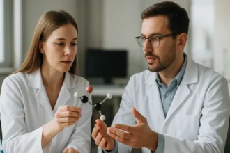 Két tudós trimolekuláris reakciót magyaráz egy molekula modellen.