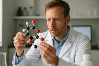 Kémikus a trinátrium-citrát molekuláját vizsgálja laboratóriumban