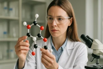 Női kémikus trinátrium-ortofoszfát molekulát vizsgál.