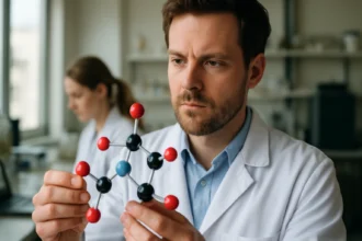 Laboratóriumi kutató trinitrofenol molekulát tart a kezében