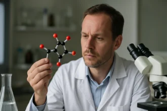 Kutató a trinitrotoluol molekuláját vizsgálja laboratóriumban.