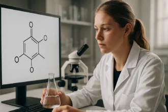 Kémikus nő laboratóriumban, trioxi-benzol szerkezetével.