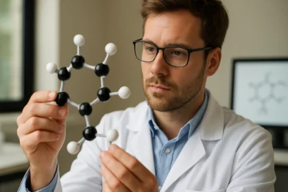 Kémikus vizsgálja a tetradekánsav molekuláját a laborban.