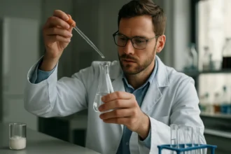 Kémikus a trioxoborát-sav vizsgálatán laboratóriumban