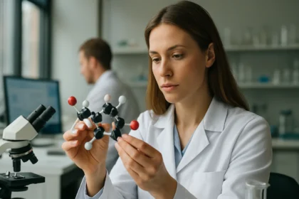 Kutató nő triterpenoid molekulát vizsgál laboratóriumban