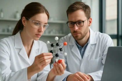 Két tudós a tritilcsoport szerkezetével foglalkozik laboratóriumban.