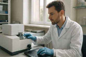 Laboratóriumi dolgozó termoanalízis berendezést kezel