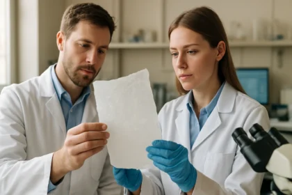 Két kutató az ultra-nagy molekulatömegű polietilén vizsgálatán dolgozik laboratóriumban.