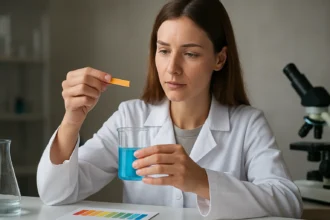 Kémikus univerzális indikátorpapírral pH méréshez