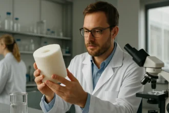 Laboratóriumi kutató UHMWPE anyagot vizsgálva