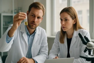 Két tudós felfelé konvertáló nanorészecskéket vizsgál laboratóriumi környezetben.