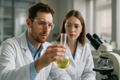 Két tudós laboratóriumban kémiai kísérletet végez