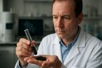 Kémikus urán-dioxid anyaggal kísérletezik laboratóriumban.