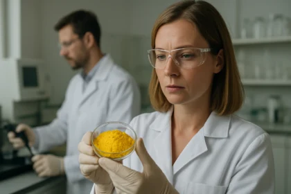 Női kutató urán-oxidot vizsgál a laboratóriumban.