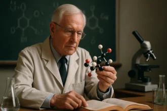 Idősebb tudós kémiai molekulát vizsgál a laborban.