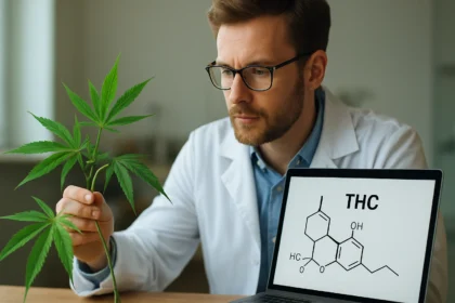 A THC molekula és kannabisz levél laboratóriumi kutatás közben.